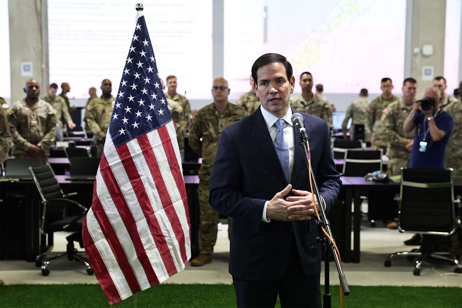 US Secretary of State Marco Rubio speaks to the media after visiting the Civil-Military Coordination Center in southern Israel