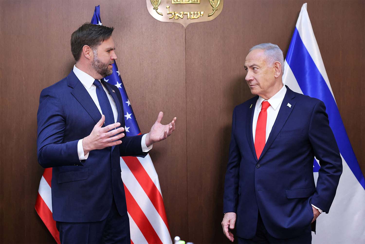 US Vice President JD Vance and Israeli PM Benjamin Netanyahu speak during a meeting in Jerusalem
