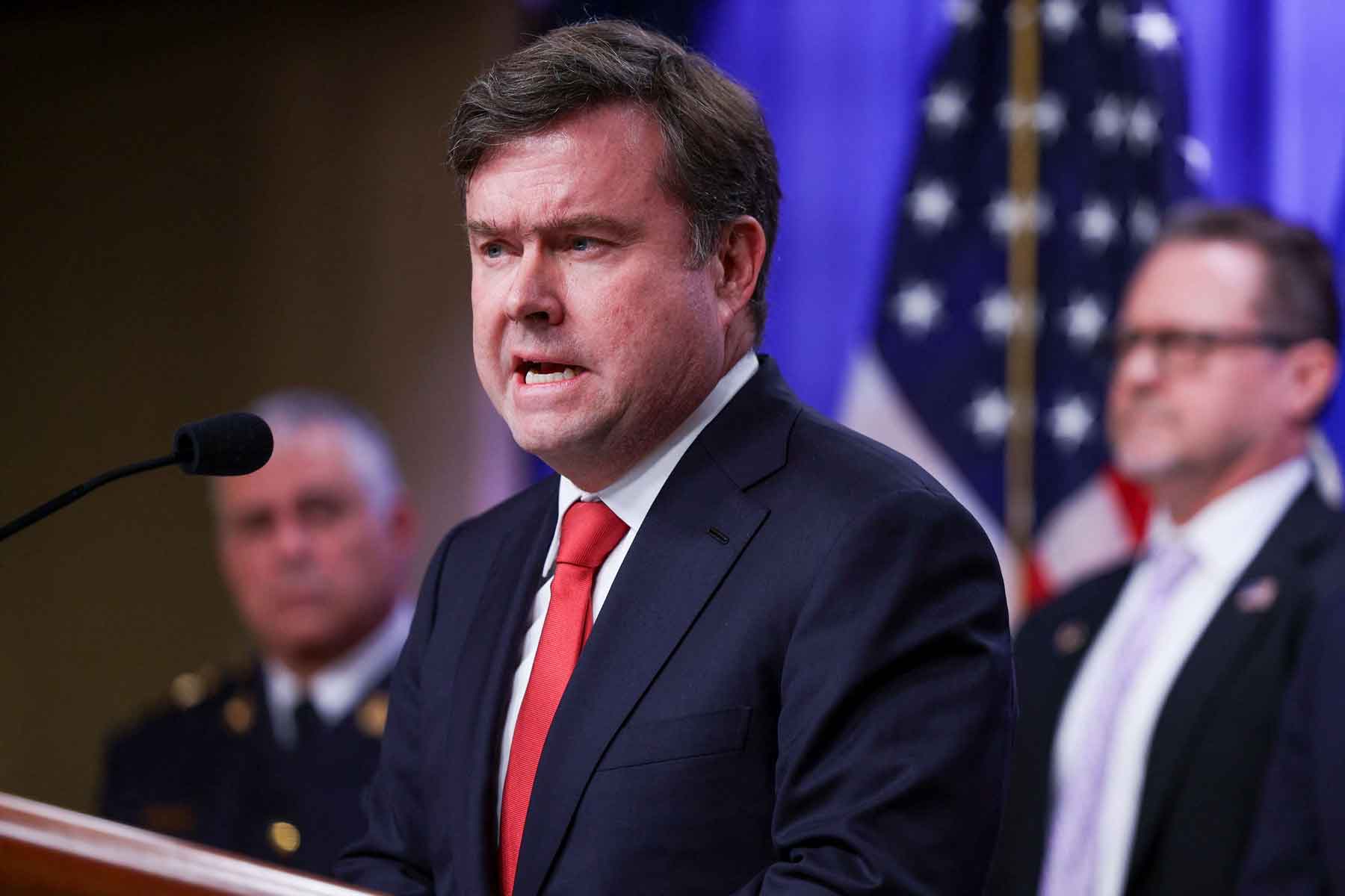 US Undersecretary of the Treasury for Terrorism and Financial Intelligence John Hurley speaks during a news conference at the Department of Justice in Washington, November 19, 2025.