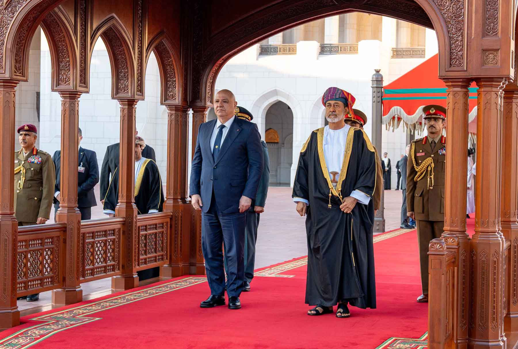 Oman’s Sultan Haitham bin Tariq welcomes Lebanon’s President Joseph Aoun in Muscat, December 9, 2025. 