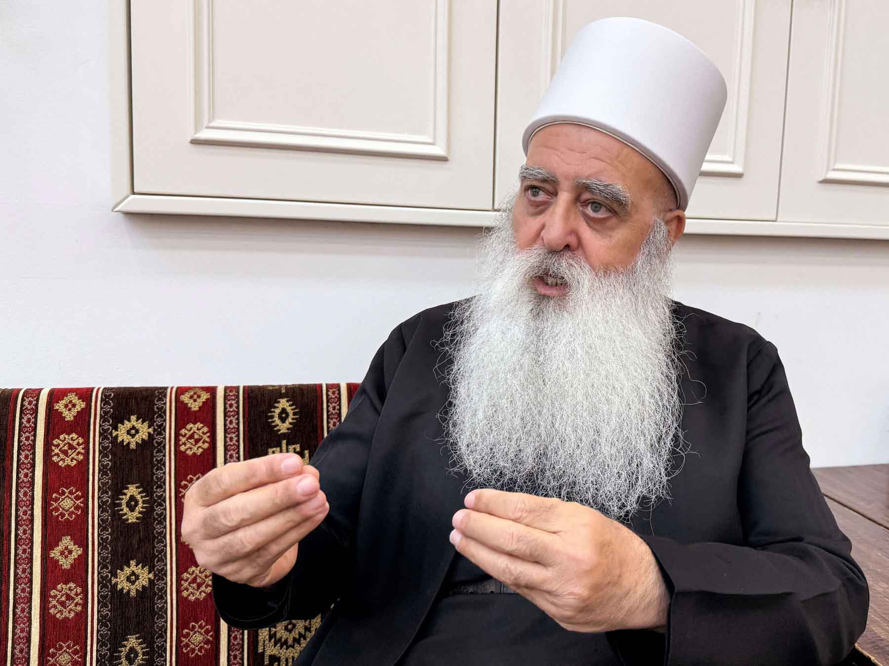 Leader of the Druze community in Israel, Sheikh Mowafaq Tarif, speaks at his house in Julis, northern Israel July 28, 2025. 