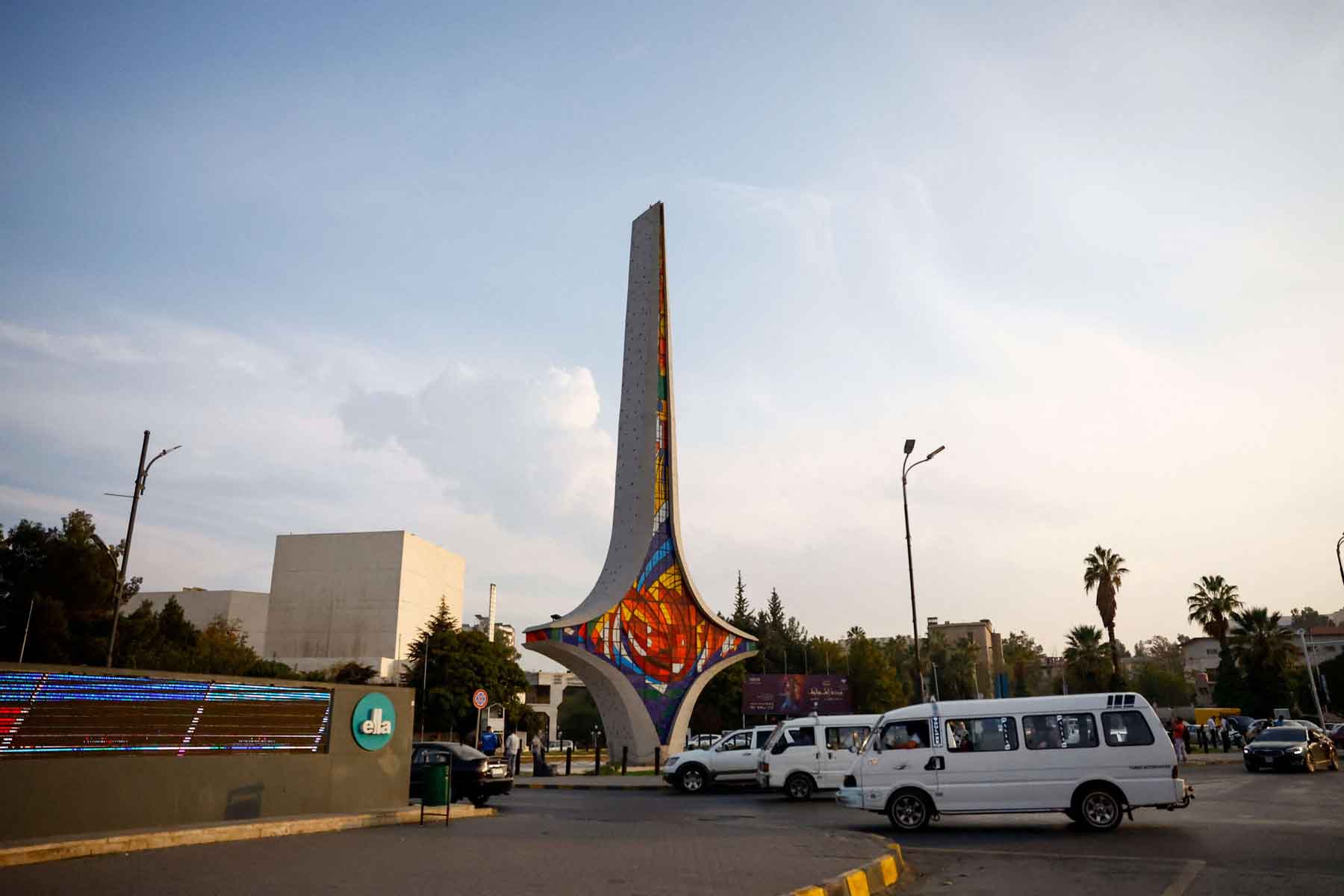 A view of the Damascene Sword Monument at Umayyad Square in Damascus.