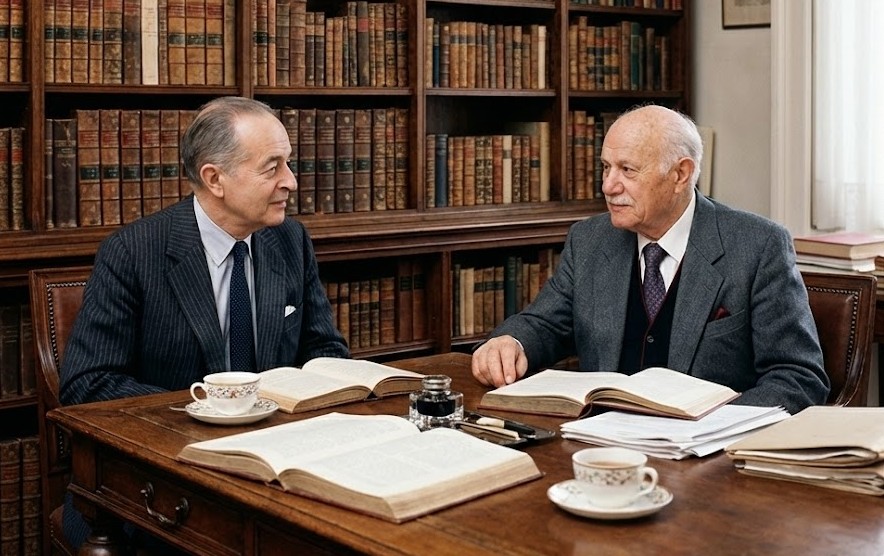 صورة متخيلة بالذكاء الاصطناعي لإحسان عباس وإريك أورباخ يجلسان معا