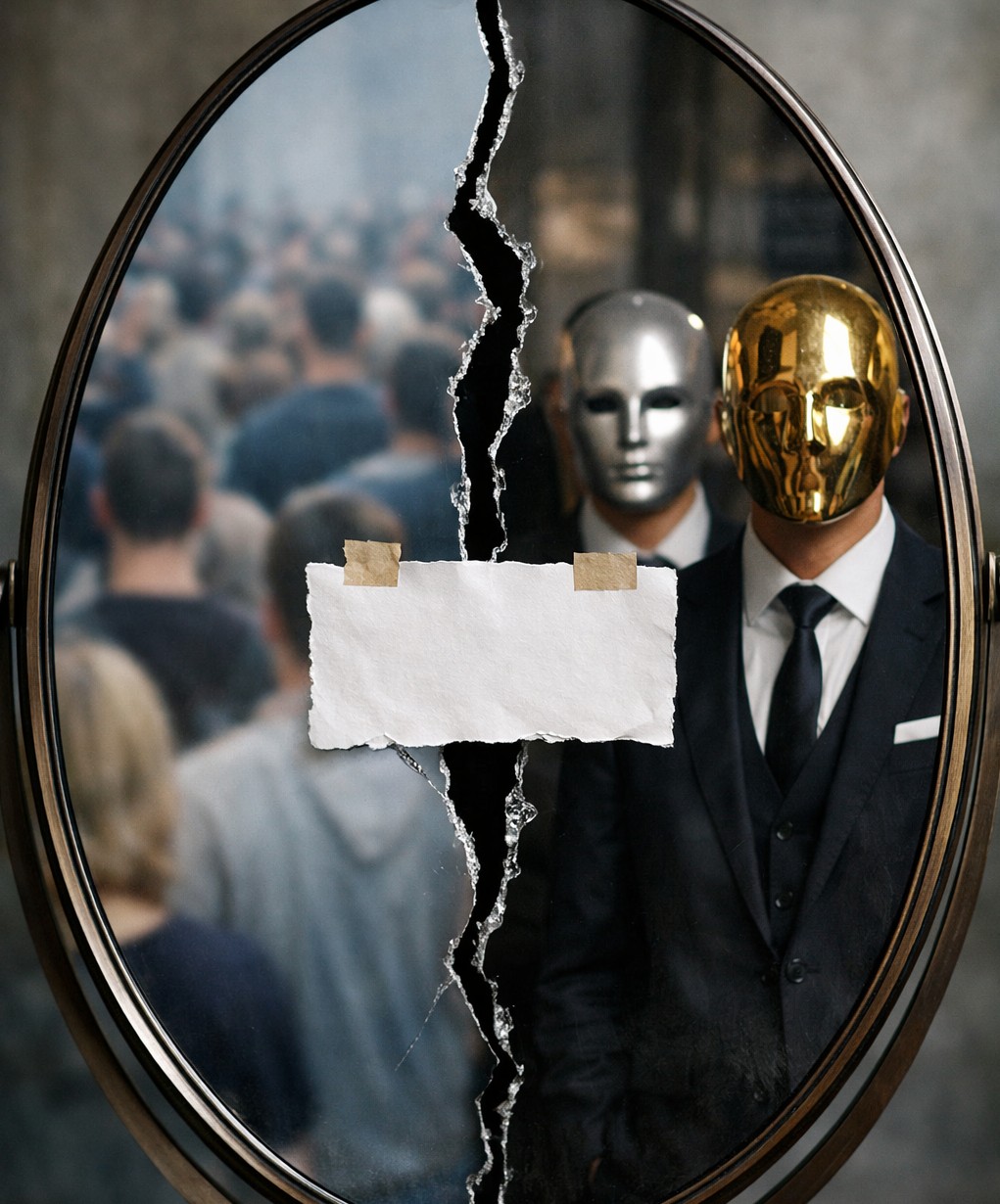 صورة لمرآة تعكس وجهين؛ جهة تمثل "القطيع بلا وعي" (تجمعات بشرية ضبابية أو بلا ملامح)، والجهة الأخرى تعكس "النخبة بلا ضمير"