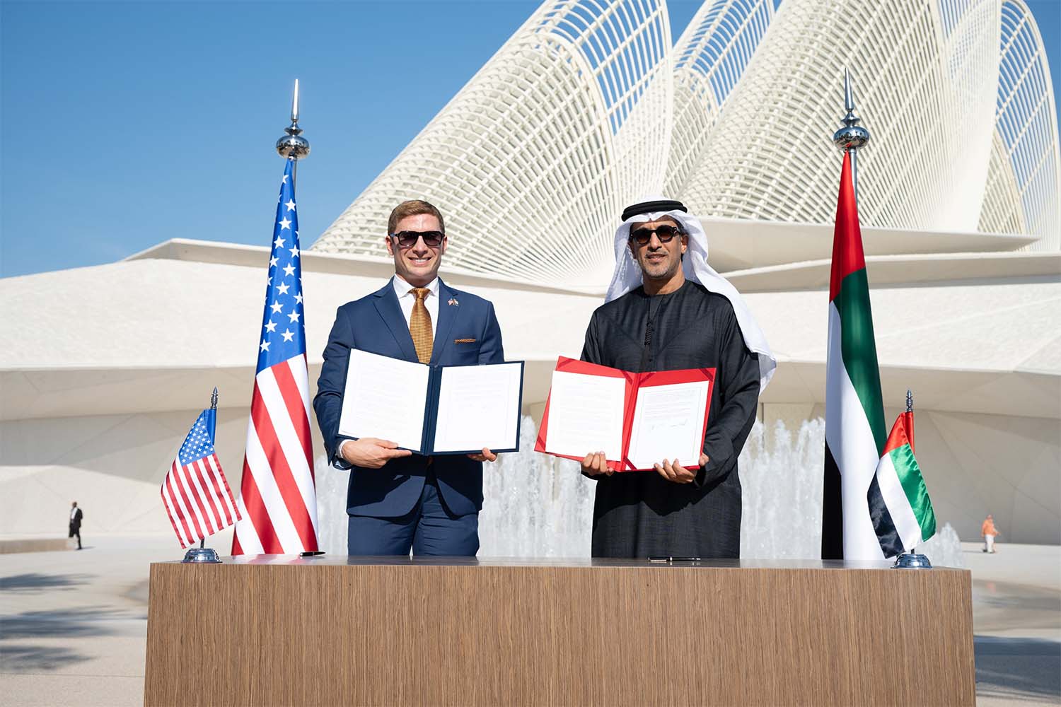 US Under Secretary Jacob Helberg and UAE Minister of State Saeed Al Hajeri during the signing at the Zayed National Museum
