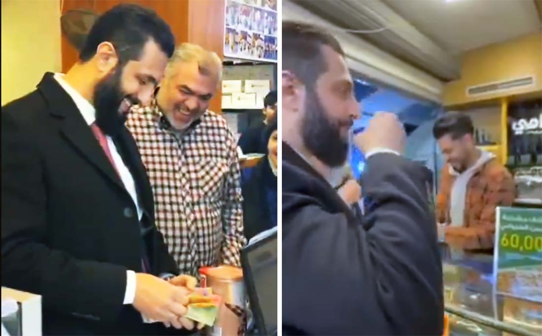 Sharaa seen using the new banknotes at a Damascus shop