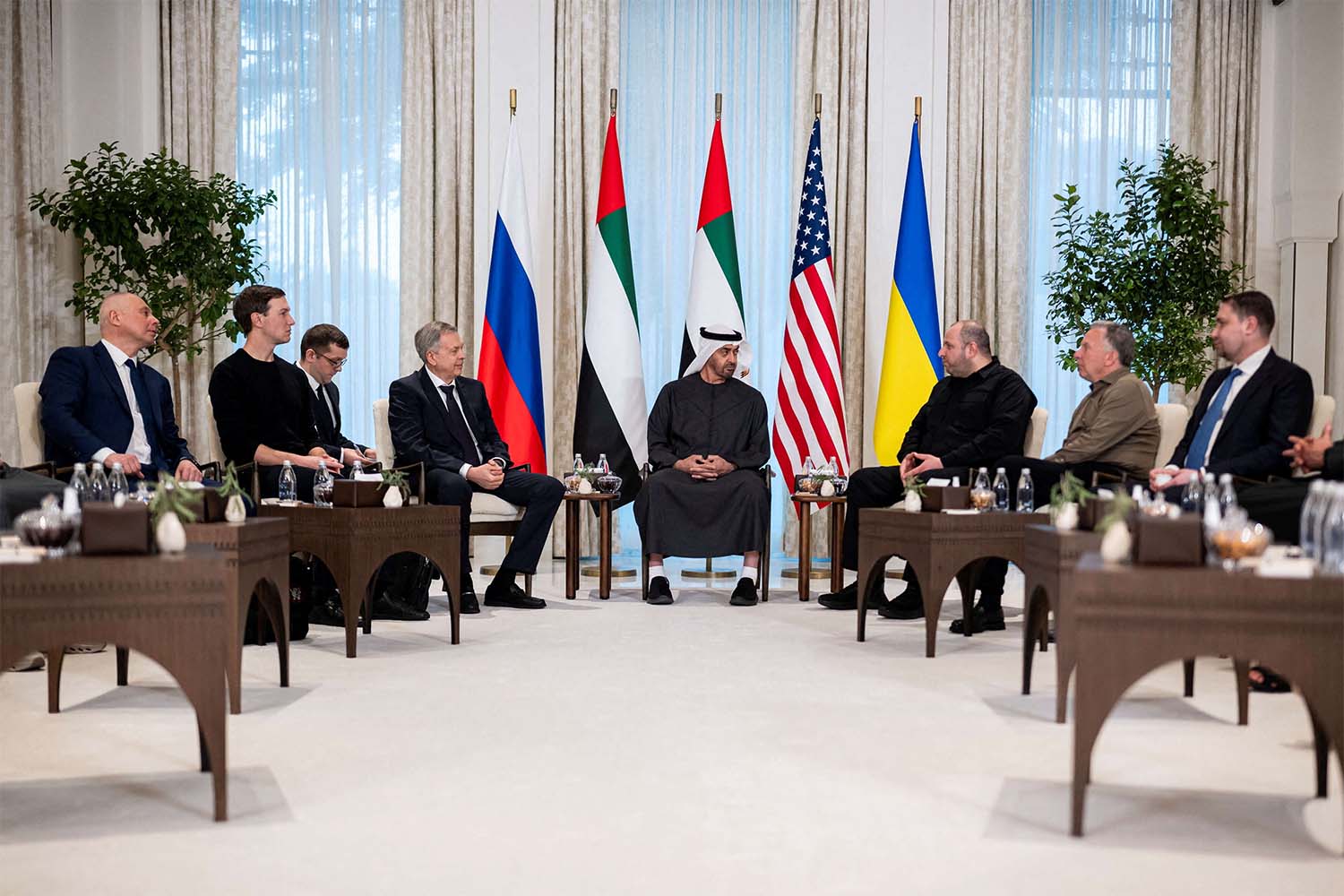 UAE President Sheikh Mohamed bin Zayed Al Nahyan receives the heads of delegations participating in the UAE-hosted trilateral talks between the US, Russia and Ukraine