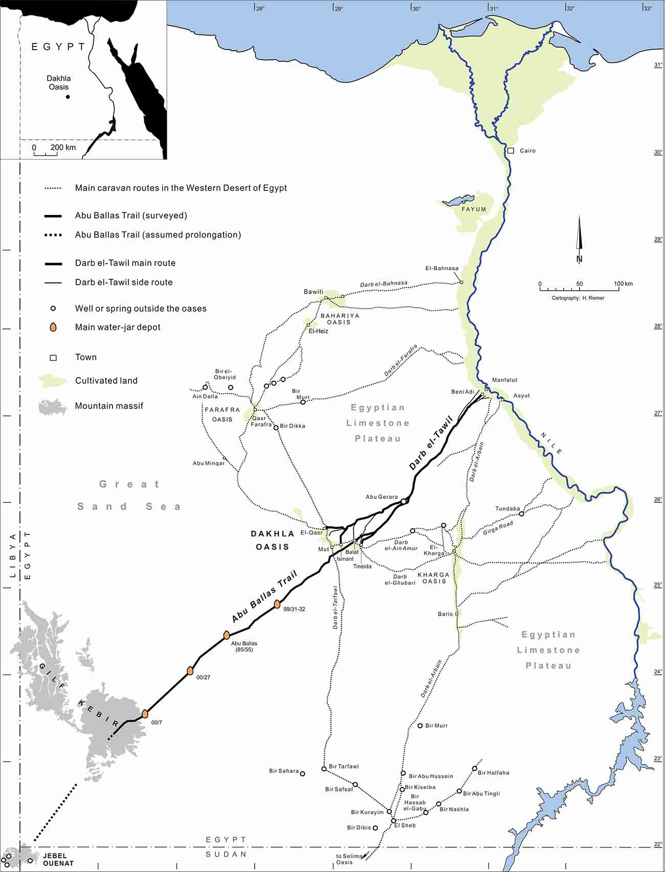 “Map showing the main caravan routes in Egypt’s Western Desert, including the Abu Ballas Trail. Cartography: Heiko Riemer”