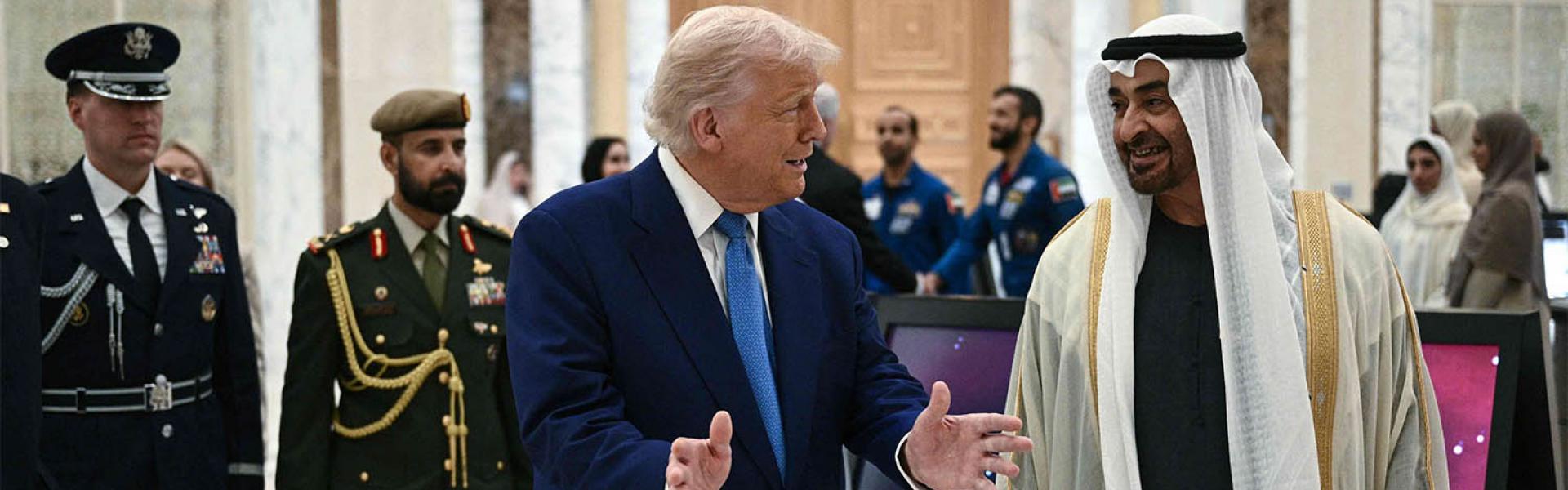 Trump and UAE President Sheikh Mohamed bin Zayed Al Nahyan talk at Qasr Al-Watan in Abu Dhabi