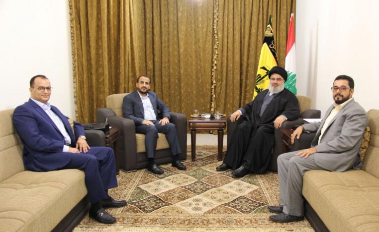 وفد الحوثيين في اجتماع مع الأمين العام لحزب الله حسن نصرالله