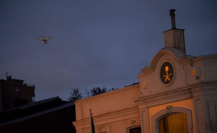 A drone flies over the residence of the Saudi Consul General Mohammad al-Otaibi, on October 17 in Istanbul, Turkey.