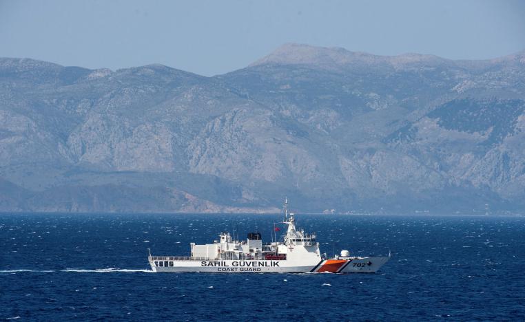A Turkish coast guard ship patrols in the Aegean Sea off the Turkish coast, April 20, 2016.