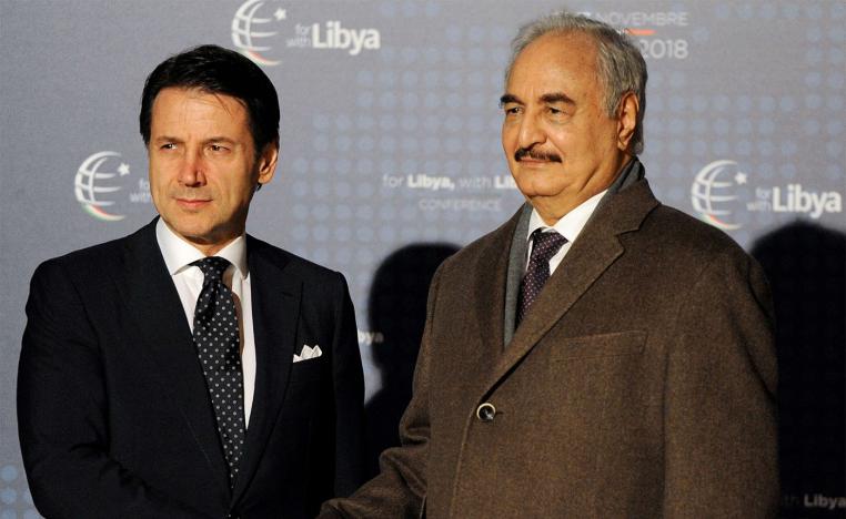 Italy's Prime Minister Giuseppe Conte welcomes Libyan military commander Khalifa Haftar 