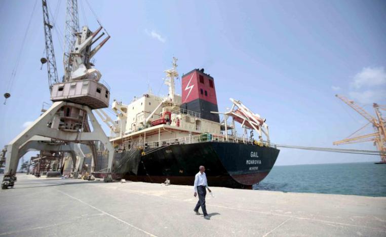 A cargo ship is docked at the port of Hodeidah in Yemen