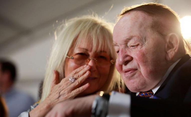 A 2017 file picture shows Miriam and Sheldon Adelson attending a ceremony at Ariel University in the Israeli settlement of Ariel in the occupied West Bank. 