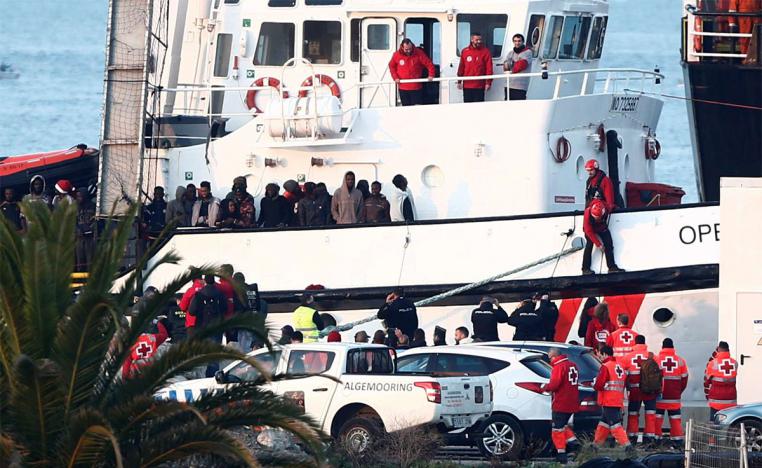 NGO Proactiva Open Arms' rescue boat is seen docked with migrants rescued in central Mediterranean Sea in the port of Algeciras