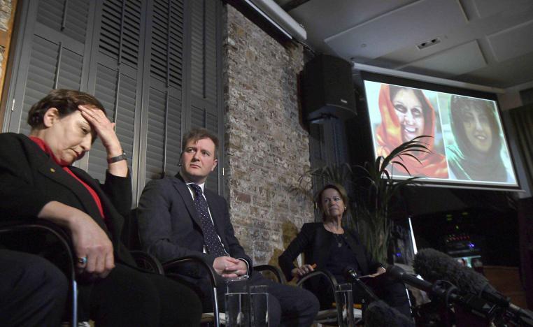 Iranian lawyer and former judge, Shirin Ebadi, and human rights activist and founder of Defenders of Human Rights Centre in Iran sits with, Richard Ratcliffe, the husband of jailed British mother Nazanin Zaghari-Ratcliffe