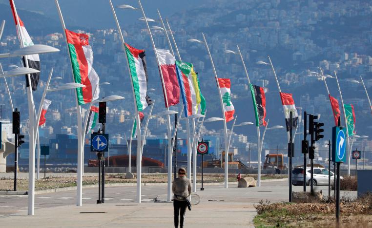 Flags of the Arab league states are seen on display ahead of the Arab Economic and Social Development Summit in Beirut on January 17, 2019.