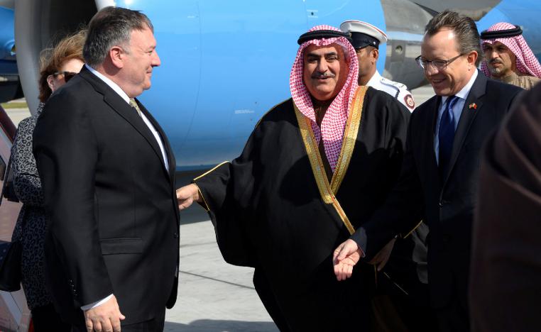 US Secretary of State Mike Pompeo is greeted by Bahraini Foreign Minister Khalid bin Ahmed Al Khalifa after arriving at Manama International Airport in Manama, Bahrain, January 11, 2019.