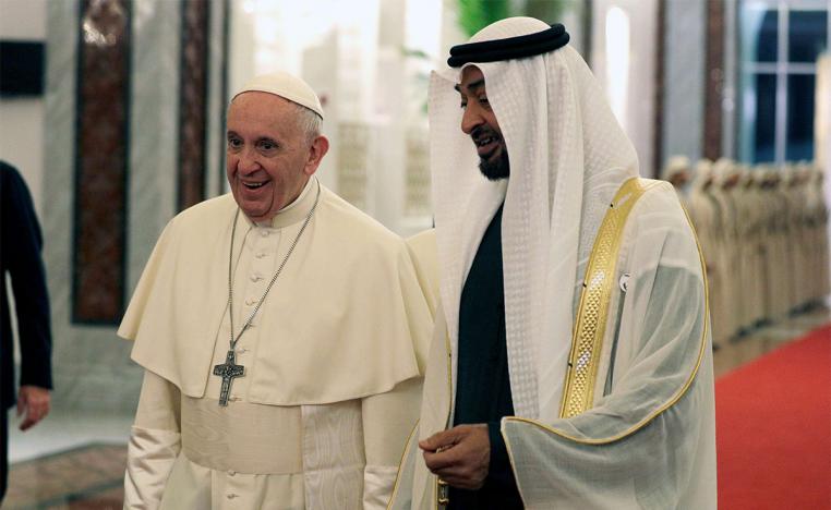 Pope Francis was greeted by Abu Dhabi's Crown Prince Sheikh Mohammed bin Zayed al-Nahyan