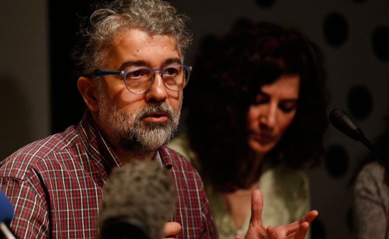 Erol Onderoglu, a Turkish-French journalist, and a representative of Reporters Without Borders (RSF) organisation, talks during a joint press conference of members of Turkish and international human rights organisations, to condemn attacks on civil society groups in Turkey, in Istanbul, Wednesday, Feb. 27, 2019. 