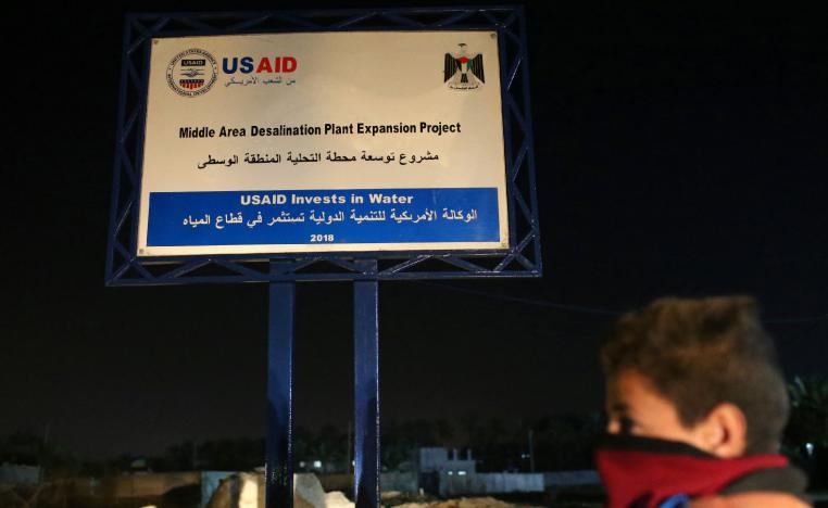 A sign of a USAID project is seen in the central Gaza Strip January 31, 2019.