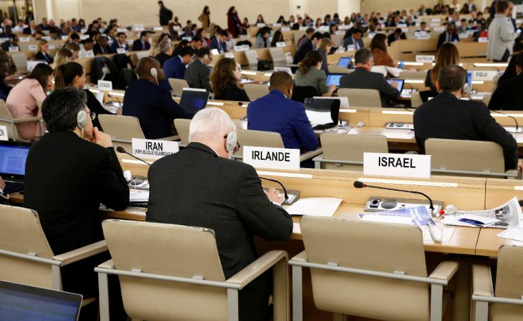 The empty seat of Israel is pictured during the report of the Commission of Inquiry on the 2018 protests in the occupied Palestinian territory during a session of the Human Rights Council at the United Nations in Geneva, Switzerland, March 18, 2019.