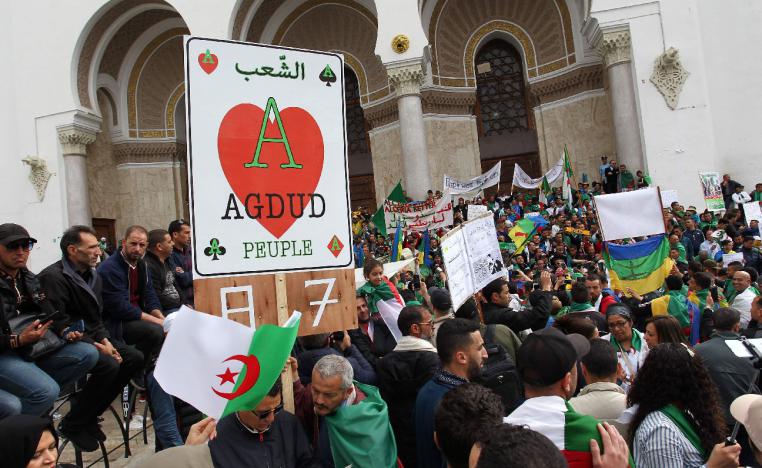 Protesters wave national flags and banners in Algiers