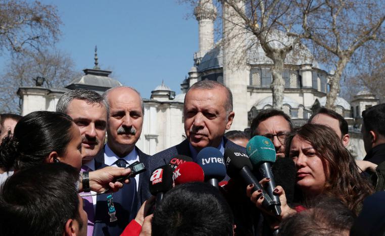 Turkish President Tayyip Erdogan talks to media in Istanbul, Turkey April 5, 2019.