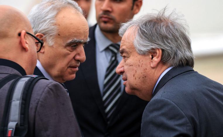 United Nations Secretary-General Antonio Guterres (R) speaks with Ghassan Salame (L), UN special envoy for Libya and head of the UN Support Mission in Libya (UNSMIL), at Benina International Airport in Libya's eastern city of Benghazi on April 5, 2019.