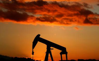 Oil pump is seen at sunset outside Scheibenhard, near Strasbourg, France, October 6, 2017 . 