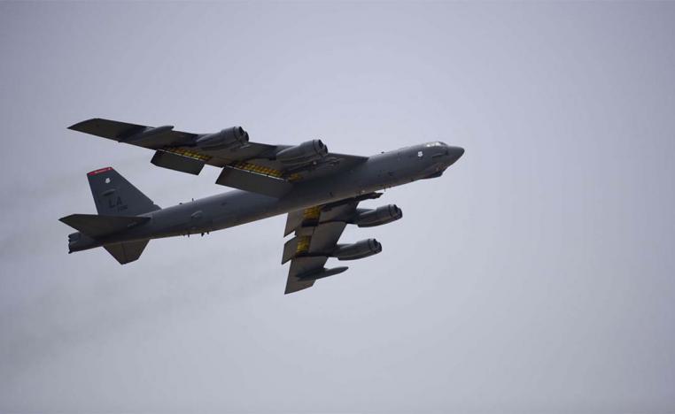 U.S Air Force B-52H Stratofortress aircraft assigned to the 20th Expeditionary Bomb Squadron takes off from Al Udeid Air Base