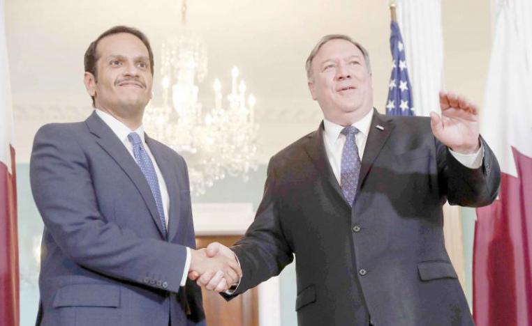 US Secretary of State Mike Pompeo (R) and Qatari Foreign Minister Sheikh Mohammed bin Abdulrahman al-Thani at the State Department in Washington