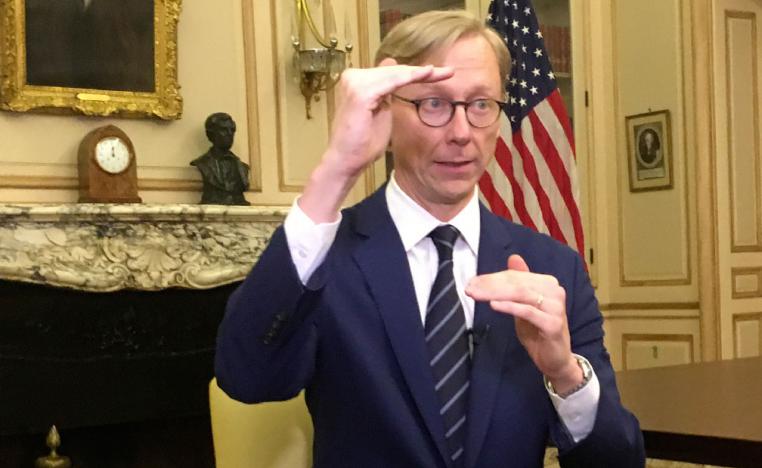 Brian Hook, the US special envoy for Iran, gestures during an interview in Paris