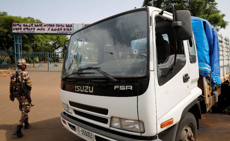 A bullet hole is seen on a truck that was used by the attackers who killed Amhara president Ambachew Mekonnen in the town of Bahir Dar, Amhara region