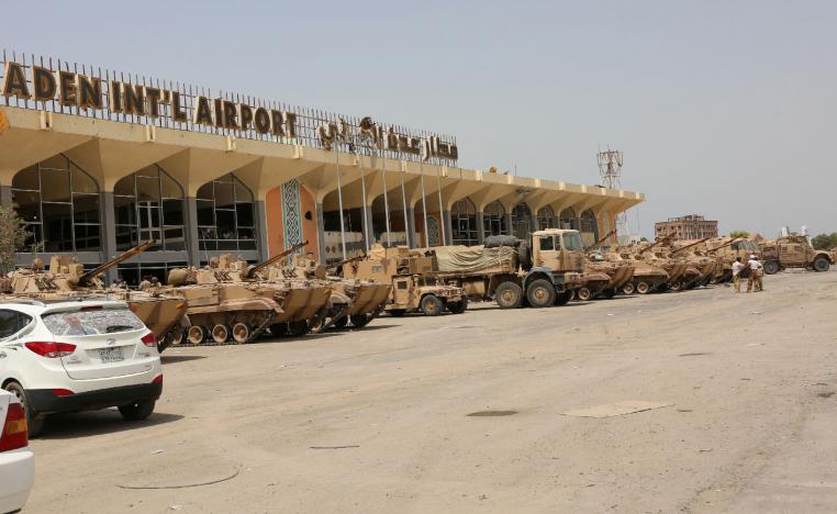 UAE military vehicles are seen at the international airport of Aden