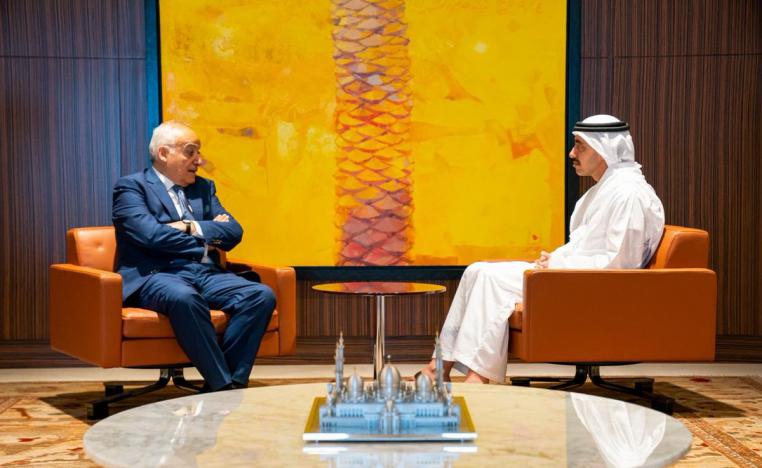 مبعوث المنظمة الدولية المبعوث الخاص إلى ليبيا غسان سلامة ووزير الخارجية والتعاون الدولي الإماراتي الشيخ عبدالله بن زايد آل نهيان