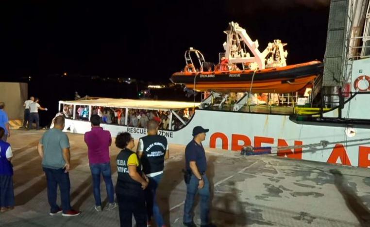 Opens Arms charity ship arriving at the port of Lampedusa