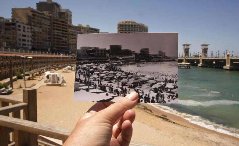 Cement barriers reinforce the sea wall near the Citadel of Qaitbay in Alexandria