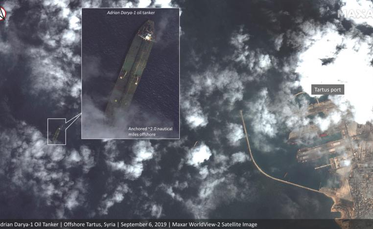 Satellite image provided by Maxar Technologies appears to show the Iranian oil tanker Adrian Darya-1 off the coast of Tartus, Syria