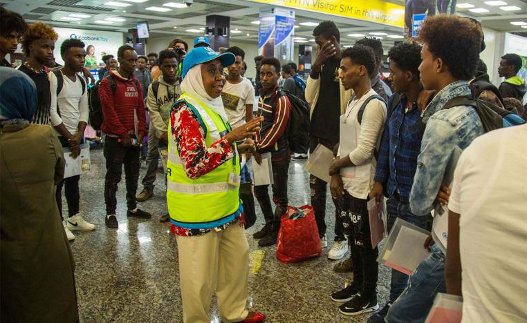 Rwanda's UNHCR welcoming the first arrival of 66 refugees and asylum seekers from Libya at the Kigali international airport