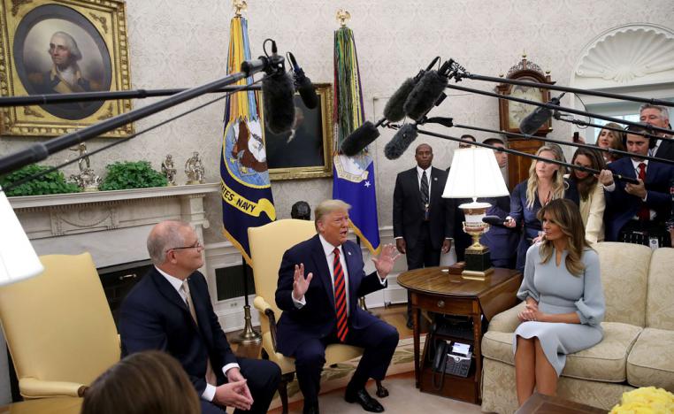 US President Donald Trump speaks in the Oval Office while meeting with Australian Prime Minister Scott Morrison
