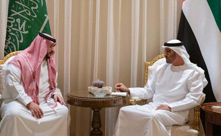 Abu Dhabi’s crown prince (L) receiving Saudi deputy defence ministaer at his palace