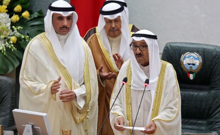 Kuwait's Emir Sheikh Sabah al-Ahmad Al-Sabah (C) addresses the Gulf emirate's parliament
