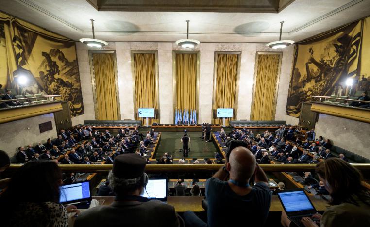 Ceremony to mark the opening of a meeting of the Syria constitution-writing committee in Geneva