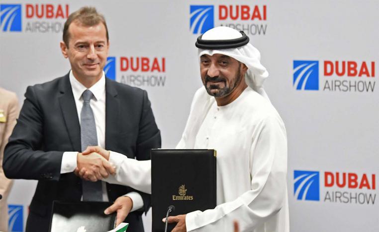 Ahmed bin Saeed Al Maktoum (R), CEO and chairman of the Emirates Group, and Guillaume Faury, Airbus CEO at Dubai Airshow