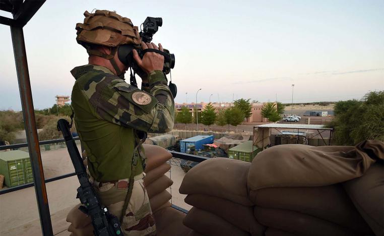 French soldier standing guard at the Paskal camp at Timbuktu's airport