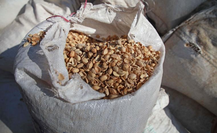 A sack of pistachio shells is seen at a workshop specialised in building pistachio-powered heaters in al-Dana town, Idlib