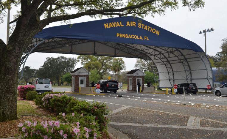 The main gate at Naval Air Station Pensacola is seen on Navy Boulevard in Pensacola, Florida