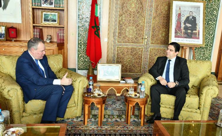 Morocco’s Foreign Minister Nasser Bourita (R) holding talks with British Minister of State for International Trade Conor Burns 